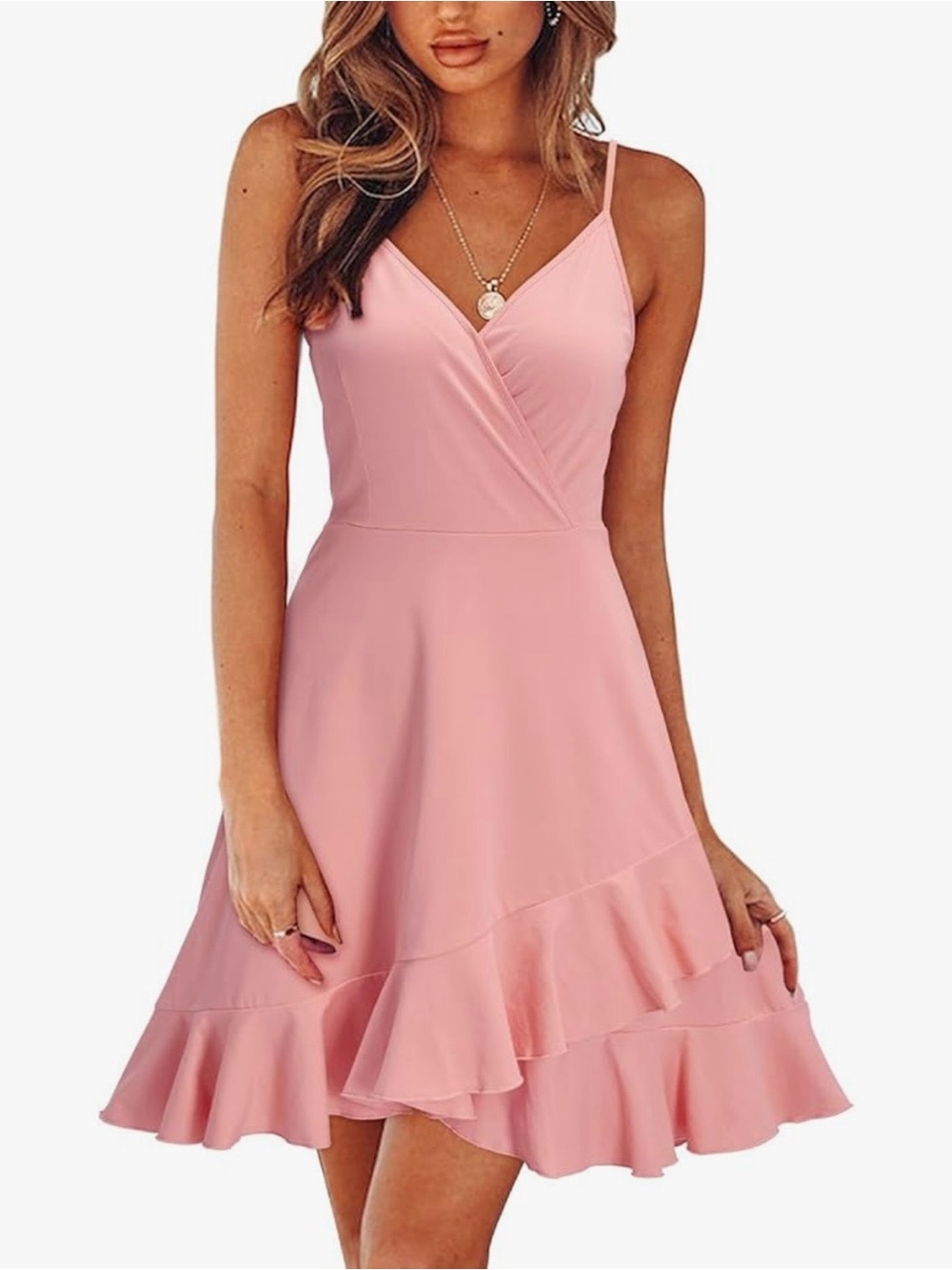 Sleeveless Pink V-Neck Ruffle Midi Dress